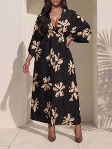 Enliva Vestido de talla grande para mujer con estampado floral negro, escote en V profundo y abertura lateral, vestido de vacaciones tropicales y resort, elegante para graduación en otoño, primavera y verano, para silueta de pera y triángulo - Negro - Ver 5