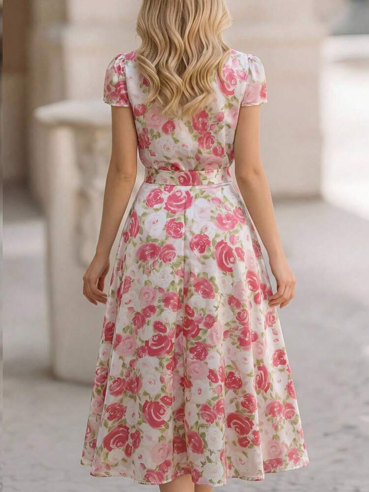 Floral Print Round Neck Short Sleeve Top + A-Line Mini Skirt Set