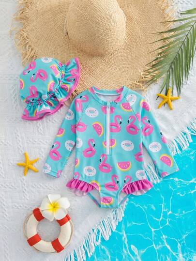 SHEIN 1pc Baby Boys' Casual, Comfortable, Fashionable, Practical, Soft, Cute Cartoon Pattern Romper Swimsuit, Suitable For Vacation, Spring/Summer