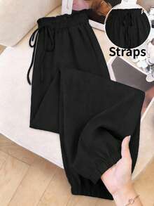 SHEIN Frenchy Summer Vacation Women's Tropical Print Knot Front High Waisted Long Pants - Black - View 9