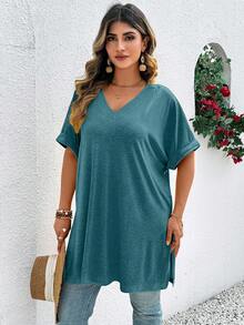 EMERY ROSE Plus Size Women Summer Casual V-Neck Short Sleeve T-Shirt - Green - View 3