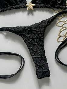 Swim Vcay 2pcs/Set Animal Print Random Pattern Halter Triangle Cup Bra And Side Tie Cheeky Bikini Swimwear Set, Sexy Women Beach Holiday - Black - View 3
