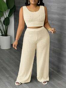 Slaydiva Plus Size Solid White Long Casual Vest And Wide Leg Pants 2 Pieces Set, Spring/Summer - Yellow - View 4