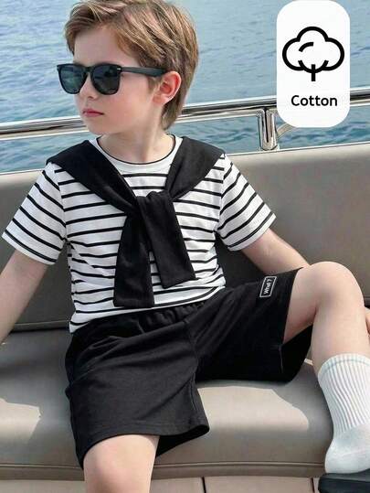 SHEIN 2-Piece Set Young Boys Boys' Casual Sports College Literary Retro Black And White Striped Round Neck T-Shirt And White Shorts Suit With Shawl Decoration Suitable For Children's Clothing Young Boy Clothes Back To School Boy Suit Suitable For Birthday Parties, Evening Parties, Performances, Weddings, Baptisms, Opening Ceremonies, Daily Suitable For School Suitable For Travel Suitable For Vacation Suitable For Spring And Summer