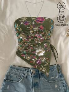 SHEIN MOD 女款夏季綠色花卉亮片刺繡不對稱下擺抹胸上衣，波希米亞風夏季海灘節慶穿搭，派對之夜Y2K上衣 - 軍綠色 - 查看 2