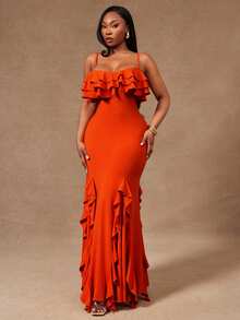 Radiana Red Summer Elegant Sexy Evening Party Wedding Guest Dinner Formal Cocktail Plus Size Women's Multilayered Ruffle Spaghetti Strap Bodycon Dress Boho - Orange - View 6