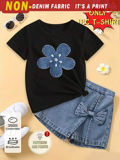Spring And Summer Girls Casual Fashionable Creative Personality Fresh Minimalist Blue Floral Pattern Print Summer Vacation Vibe Basic Black Short T-Shirt, Comfortable Daily Wear, Suitable For Spring, Summer And Autumn