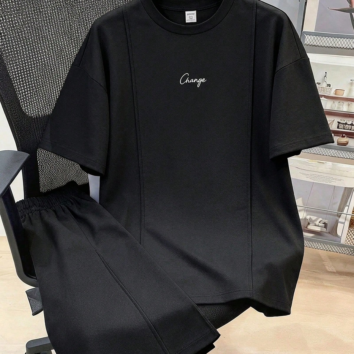 Set de 2 piezas para adolescentes varones: Conjunto de top de manga corta con cuello redondo y estampado de letras, y shorts, informal, adecuado para