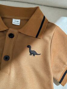 Souflis Souflis Baby Boy Dinosaur Embroidered Short Sleeve Polo Shirt And Shorts Casual Daily Outfit - Brown - View 5
