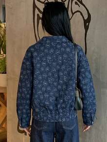 DAZY 女款花卉印花前拉鍊寬鬆休閒夾克校園風 - 藍色 - 查看 2