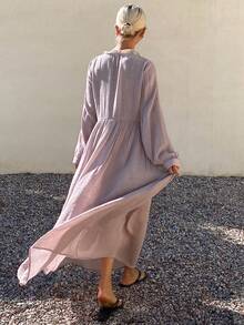 Livesso Women's Contrast Lace Button Half-Placket Long Sleeve Midi Dress - Purple - View 4