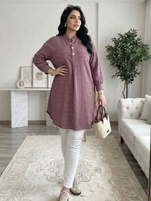 Solavon Camisa larga informal de talla grande para mujer, de unicolor, con mangas largas, hombros caídos y botones de media solapa, para el otoño - Púrpura polvoriento - Ver 6