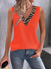 EMERY ROSE New Fashion Casual Versatile Contrast Collar Leopard Print V-Neck Tank Top For Women - Multicolor - View 3