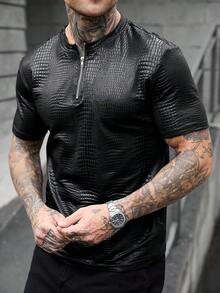 SLATEMANN Men's Textured Quarter Zip Short Sleeve T-Shirt, Holiday - Black - View 5