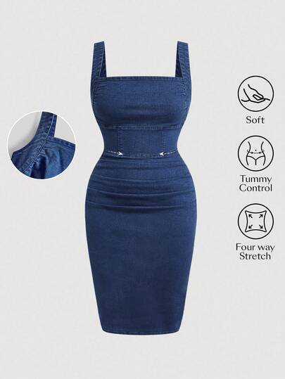 Jeanoix Vestido de mezclilla sin mangas de unicolor minimalista sexy casual de negocios para mujer talla grande, uso casual diario, cita nocturna, azul marino, otoño