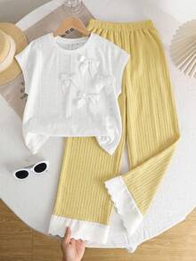 2pcs/Set Tween Girls' Summer Casual Tea Party Outfit,White Bow Decor Raglan Sleeve Knit T-Shirt And Yellow Striped Textured Straight Leg Pants - Yellow - View 8