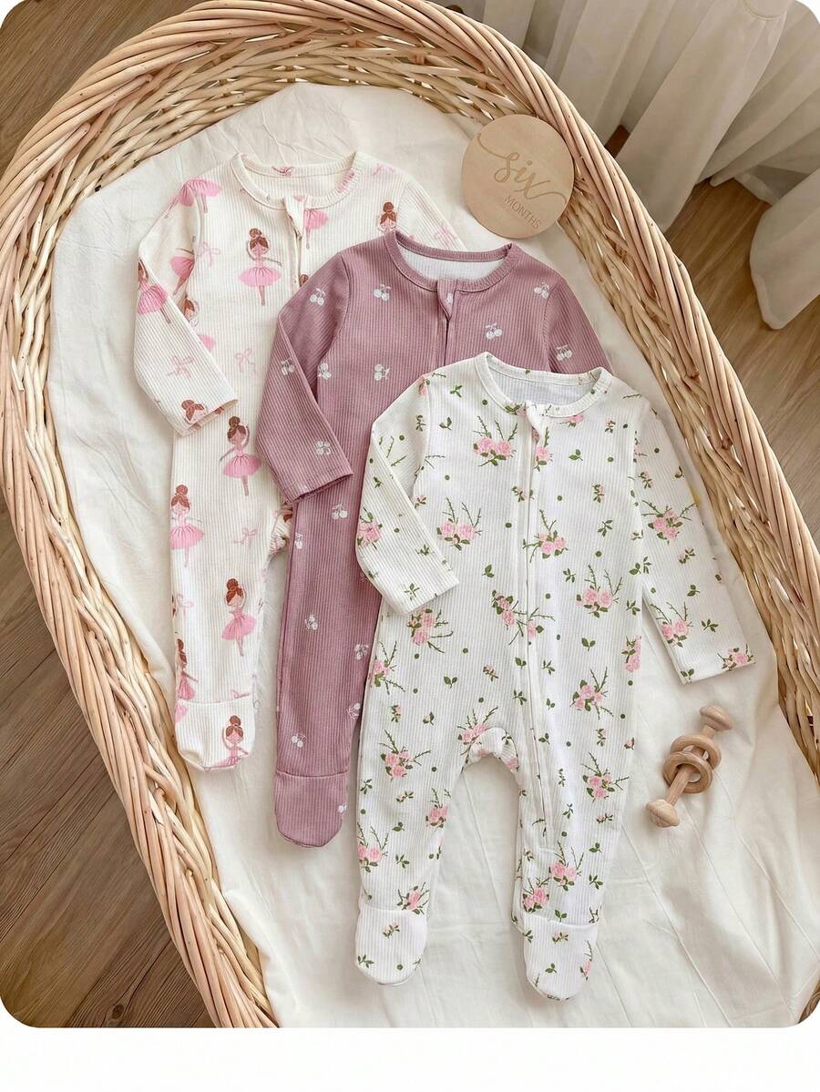 SHEIN 3件套新生女宝宝可爱休闲针织碎花长袖连体衣套装 - 彩色 - 查看 1