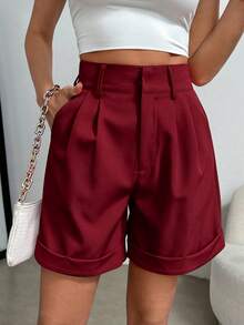 SHEIN Clasi Plus Size Women's Solid Color Pleated Pocket Casual Shorts - Burgundy - View 1