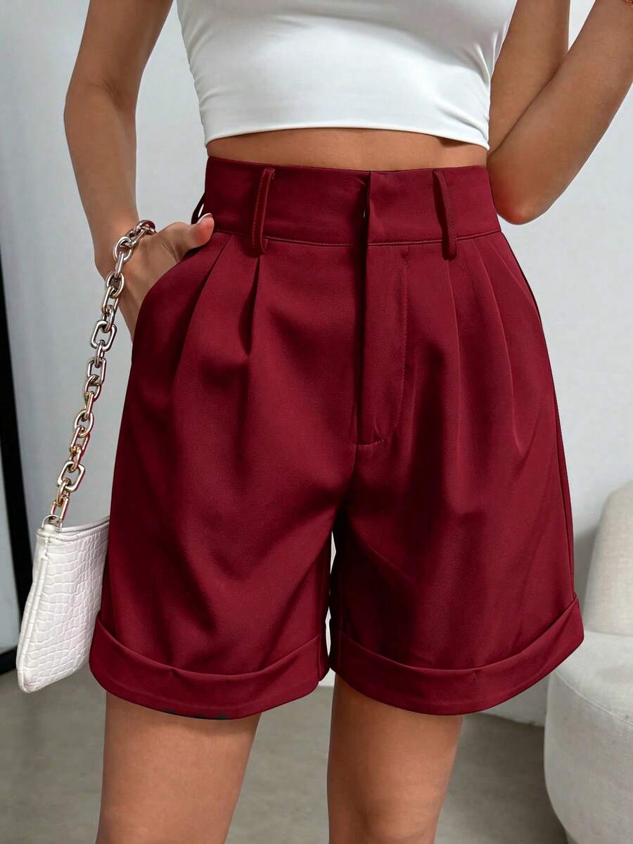 SHEIN Clasi Plus Size Women's Solid Color Pleated Pocket Casual Shorts - Burgundy - View 1