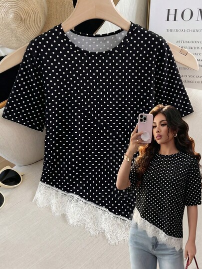 Mulvari Women's Black White Polka Dot,Summer Lace Trim Blouse,70s Retro Short Sleeve Woven T-Shirt,Elegant Tea Party Top,Casual Office Smart Work Outfits