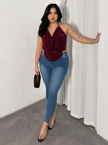 Firerie Plus Size Solid Color Spaghetti Strap Summer Loose Neck Sleeveless Fashion Camisole - Burgundy - View 5