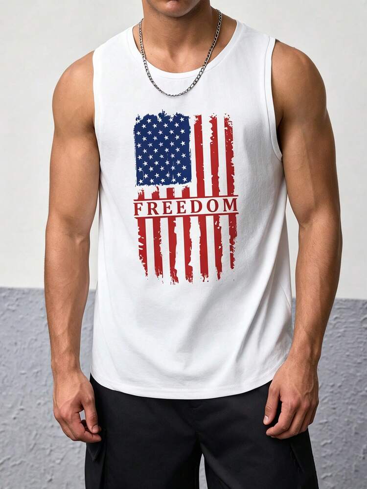 Sorvial White Flag Print Men's Sleeveless Tank Top, Suitable For Summer Outdoor Wear - White - View 4