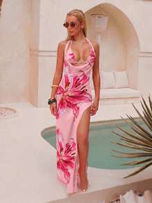 Sirith 3pcs/Set Premium Printed Spaghetti Strap Halter Bikini Top, V-Cut Bottoms & Long Flowy Printed Mesh Cover Up - Multicolor - View 7