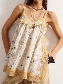 Bohemela Boho Vacation Casual Woven Fitted Camisole Top For Women White And Blue Floral Summer - Apricot - View 1