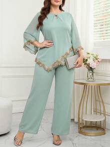 SHEIN Clasi 大码女式贴花装饰喇叭袖上衣和裤子优雅两件套 - 綠色 - 查看 5
