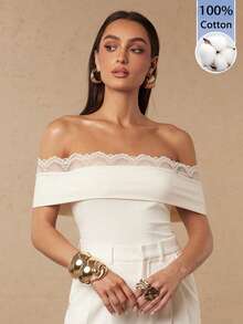 Silquee Women's Off-White Slim-Fit Fashion Top With Lace Neckline, An Elegant Top Suitable For Summer Parties, Dinners, The Office, And Holidays In 2026. Women - Apricot - View 7