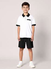 SHEIN 两件套男童休闲校服/学院撞色拼接 Polo 领衬衫短裤套装，适合通勤、上学、日常休闲、运动、春夏穿着。 - 黑色 - 查看 5