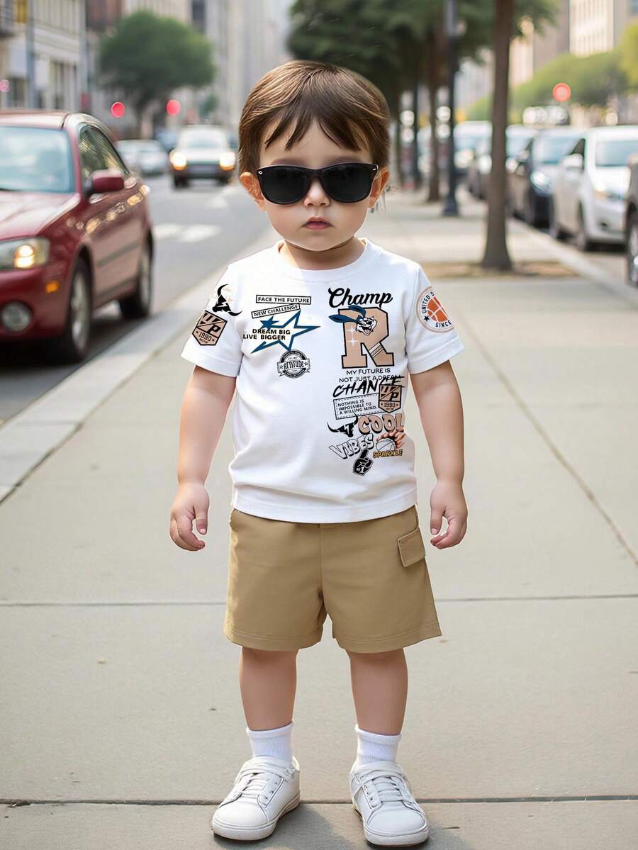 SHEIN 2 Peças Conjunto de Roupa de Verão para Bebê Menino, Top de Manga Curta com Gola Careca e Estampa de Letra Cartoon Branca, e Shorts Lisos, Roupas Casuais e Elegantes para Passeio na Cidade para Bebê Menino - Damasco - Visão 1