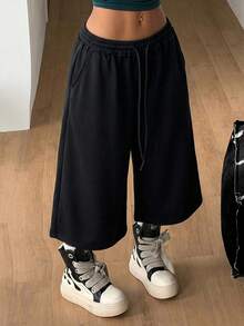 Coolane 女士春夏街头风复古水洗做旧舒适牛仔效果黑色短裤 - 黑色 - 查看 4