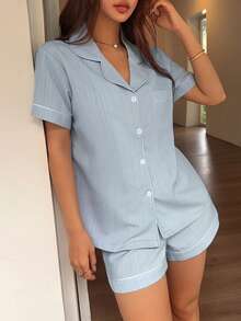 Napfluff Bộ đồ ngủ nữ kẻ sọc viền tương phản có túi - Màu xanh lam - Xem 6
