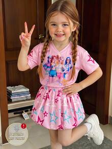 Emery Rose Kids Bộ 2 món gồm áo thun cổ chữ V dáng rộng và quần short xếp ly, họa tiết dễ thương dành cho bé gái. - Nhiều màu - Xem 3