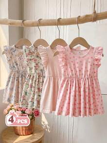 Vintaside Kids 4件/套女嬰夏季洋裝，多色可選，甜美清新風格，花卉愛心波點印花，荷葉袖收腰A字裙，適合日常出遊、休閒旅行、家庭聚會、拍照和派對 - 彩色 - 查看 3