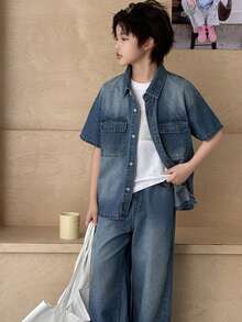 DAZY Boys' Denim Collared Short Sleeve Jacket + Straight Leg Pants Casual Suit (Plus Size) - Medium Wash - View 3