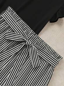 SHEIN CURVE+ Plus Size Round Neck Raglan Sleeve Ruffle Hem 2 Pieces Set, Elegant Casual Summer Holiday Formal Holiday Vacation Black White - Multicolor - View 3