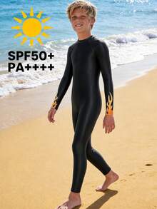 SHEIN Teen Boys Casual Flame-Patterned Long-Sleeved Swimsuit With Sun Protection, Suitable For Spring And Summer Surfing And Beach Vacations. - Black - View 2