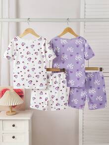 4pcs Girls Elastic Knit Short Sleeve Shorts Pajama Set With Bow & Heart Design, Comfortable & Soft, Best Gift For Teenage Girls - Purple - View 2