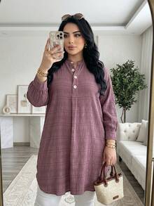 Solavon Camisa larga informal de talla grande para mujer, de unicolor, con mangas largas, hombros caídos y botones de media solapa, para el otoño - Púrpura polvoriento - Ver 7