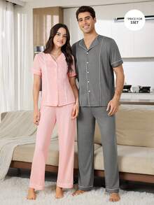 CoupledUp Conjunto de pijama de pantalón y manga corta con ribete de color contrastante, de estilo minimalista y moderno para hombre - Gris Oscuro - Ver 3
