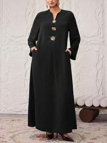 Al Najma 大尺碼女款金屬扣飾長袖阿拉伯風洋裝 - 黑色 - 查看 2