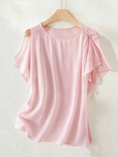 GlowEve CURVE Plus Size Women's Elegant Minimalist Fashion Commute Casual Vacation Daily Date Party Pink Woven Fabric Round Neck Short Sleeve Shoulder Drawstring Tie Blouse Top