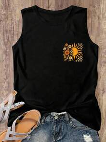 EMERY ROSE Plus Size Minimalist Traditional Print Round Neck Sleeveless Tank Top Vacation Black Summer - Black - View 2