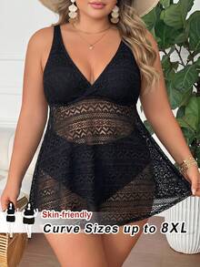 SHEIN CURVE+ 大尺碼女款2件式泳裝套裝，鏤空面料性感顯瘦泳裙 & 比基尼泳褲，適合海灘、度假村、游泳池 - 黑色 - 查看 4