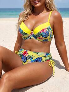 Slaydiva 2026 Plus Size CURVE Tropical Print Double Strap Summer Beach Vacation European & American Plus Size Swimwear Set - Yellow - View 5