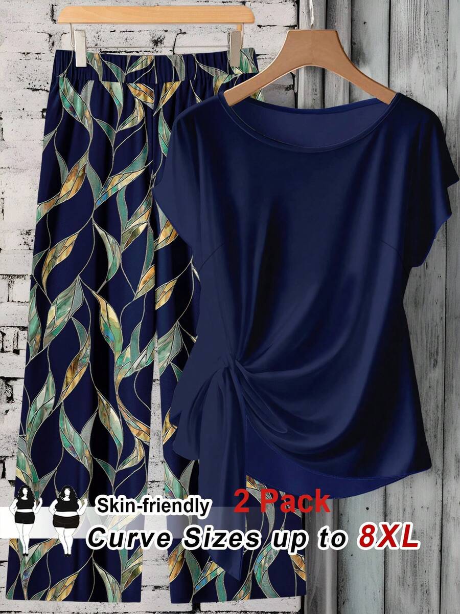 SHEIN CURVE+ 2件組大尺碼女款休閒海軍藍蝴蝶結上衣與寬鬆直筒幾何印花長褲套裝,適合度假與夏季休閒 - 藏蓝色 - 查看 1