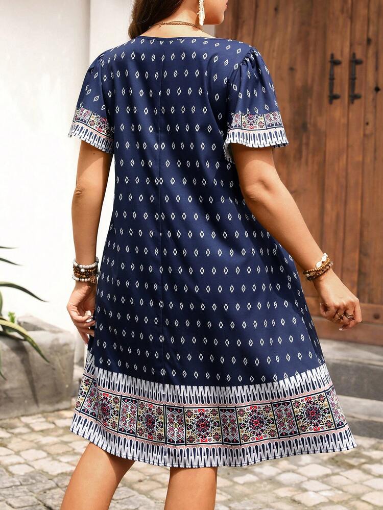 Plus Size Women Geometric Print Short Sleeve Casual Dress
