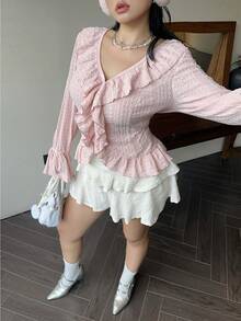 Flirla Plus Size Elegant French Style Ruffled Flared Sleeve Blouse Women Shirt Fall Cloth For Women - Pink - View 10
